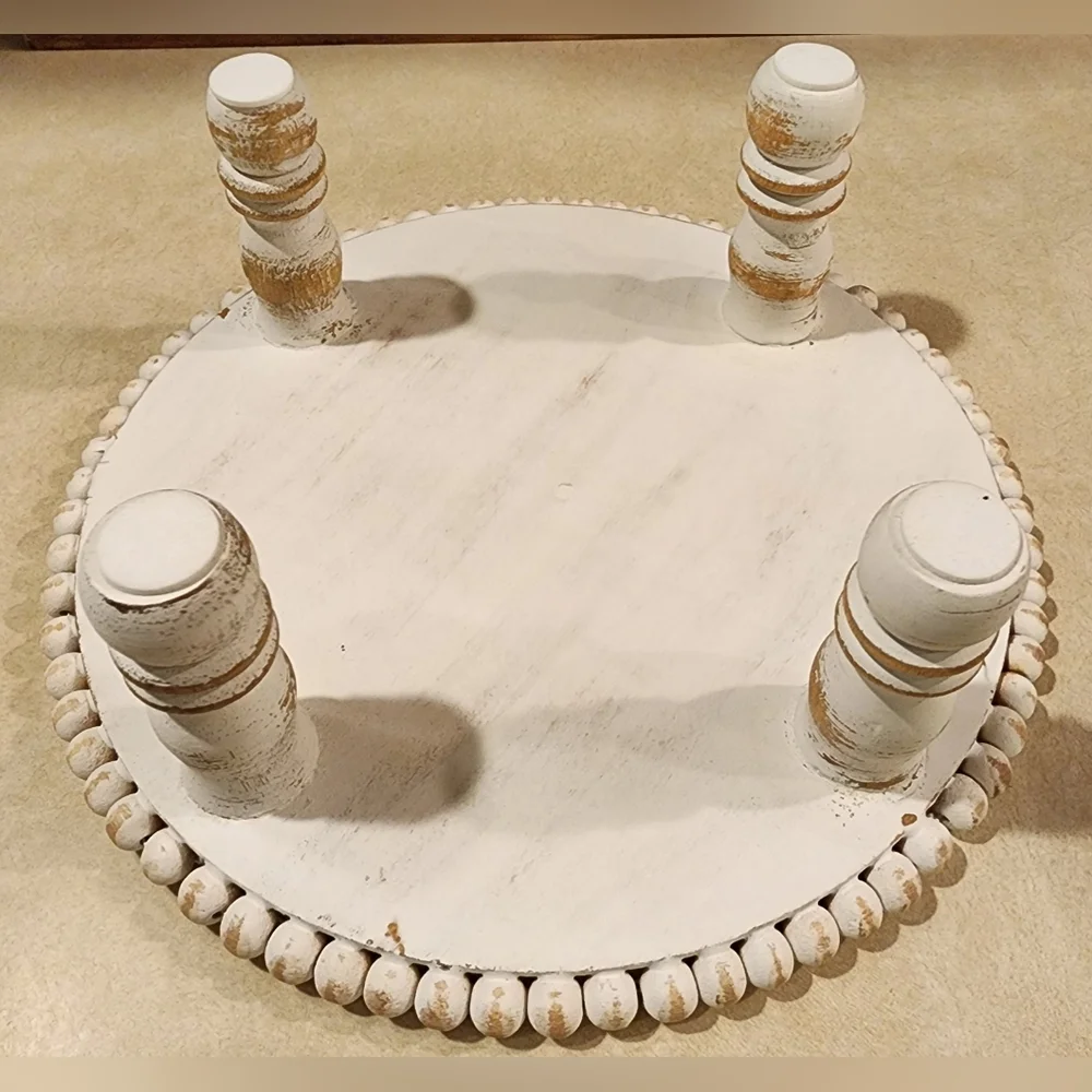 Distressed White-washed Wooden Beaded Farmhouse Pedestal Tray/Cake Display Stand